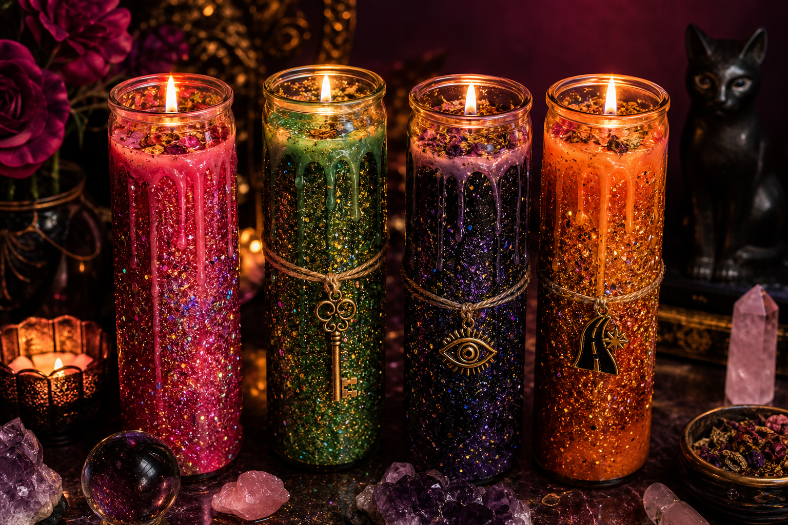 Generated glitter 7-day intention candles burning in jewel-toned candlelight